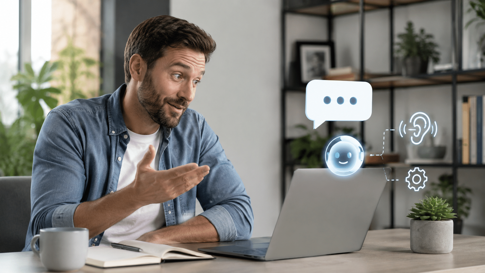 Agent virtuel pour la relation client : homme échangeant avec un callbot vocal via son ordinateur, illustration du chatbot et de l'IA conversationnelle au service du service client