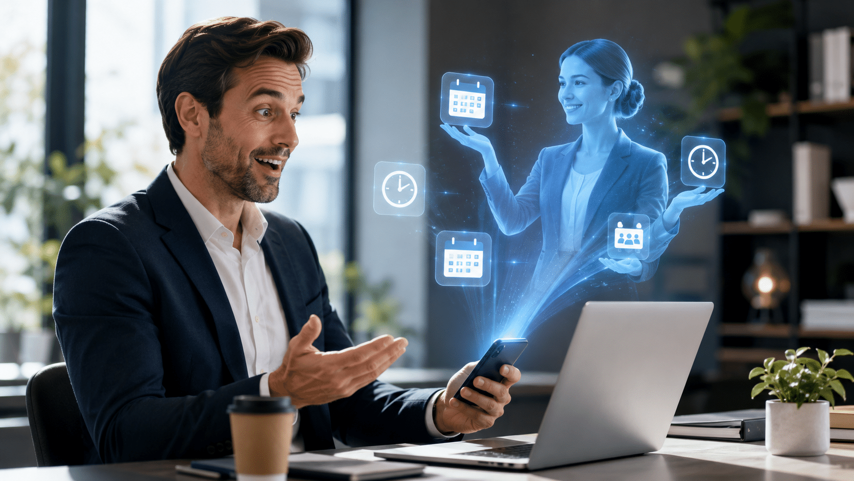 Agent vocal callbot pour la prise de rendez-vous : professionnel souriant assisté d'une conseillère IA holographique avec casque, illustration de l'automatisation de la prise de rendez-vous