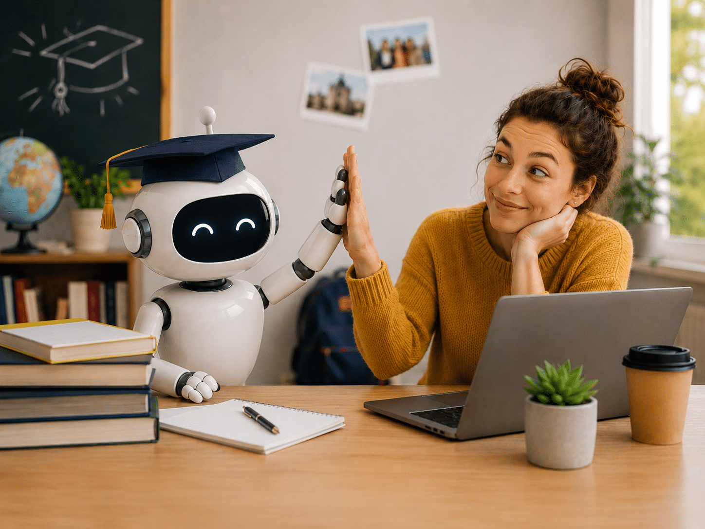 Assistant virtuel callbot pour écoles et universités : robot coiffé d'une toque de diplômé accompagnant une étudiante, illustration de l'IA conversationnelle dans l'enseignement supérieur
