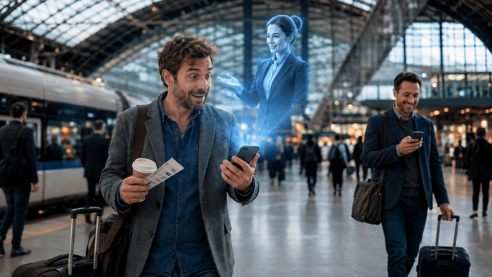 Assistant virtuel pour le secteur du transport : voyageurs en gare consultant un agent IA holographique, illustration de la relation client externalisée en France