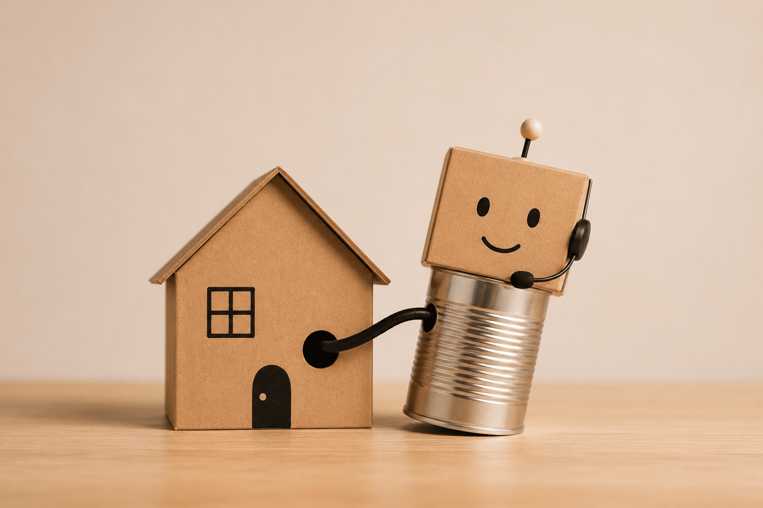 Bot conversationnel au service de l'immobilier : robot en carton près d'une maison miniature, illustration du chatbot et callbot assistant les agences immobilières