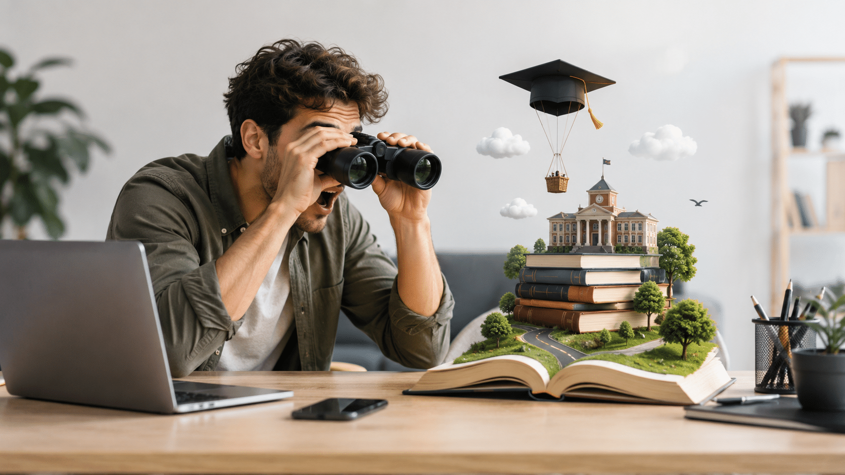 Référencement naturel au service de la formation professionnelle : homme observant aux jumelles un campus miniature surgissant d'un livre, illustration de la visibilité SEO des organismes de formation