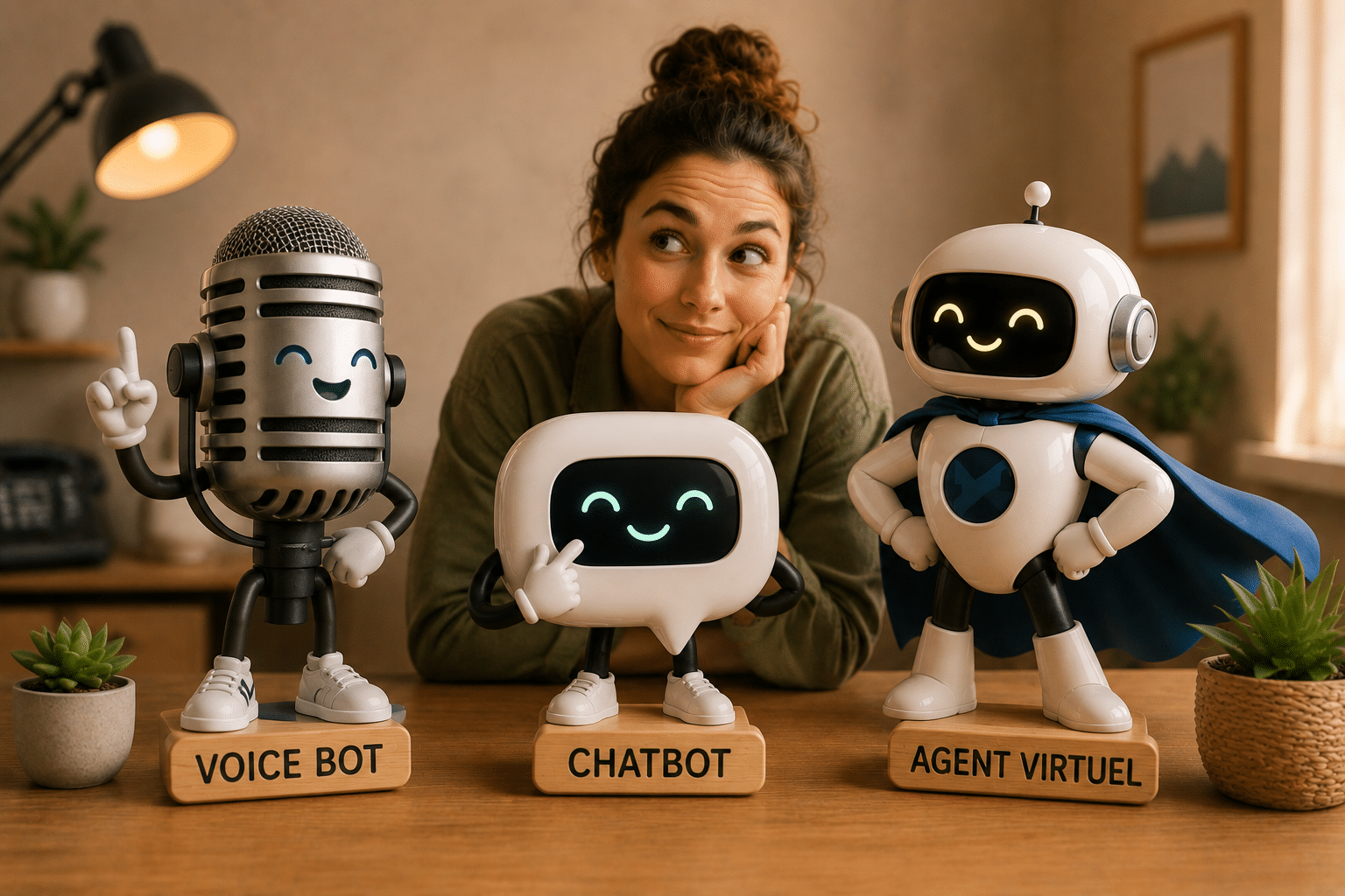 Différents types de bots pour la relation client : femme présentant trois robots distincts symbolisant voicebot, chatbot et agent virtuel, illustration des solutions d'IA conversationnelle