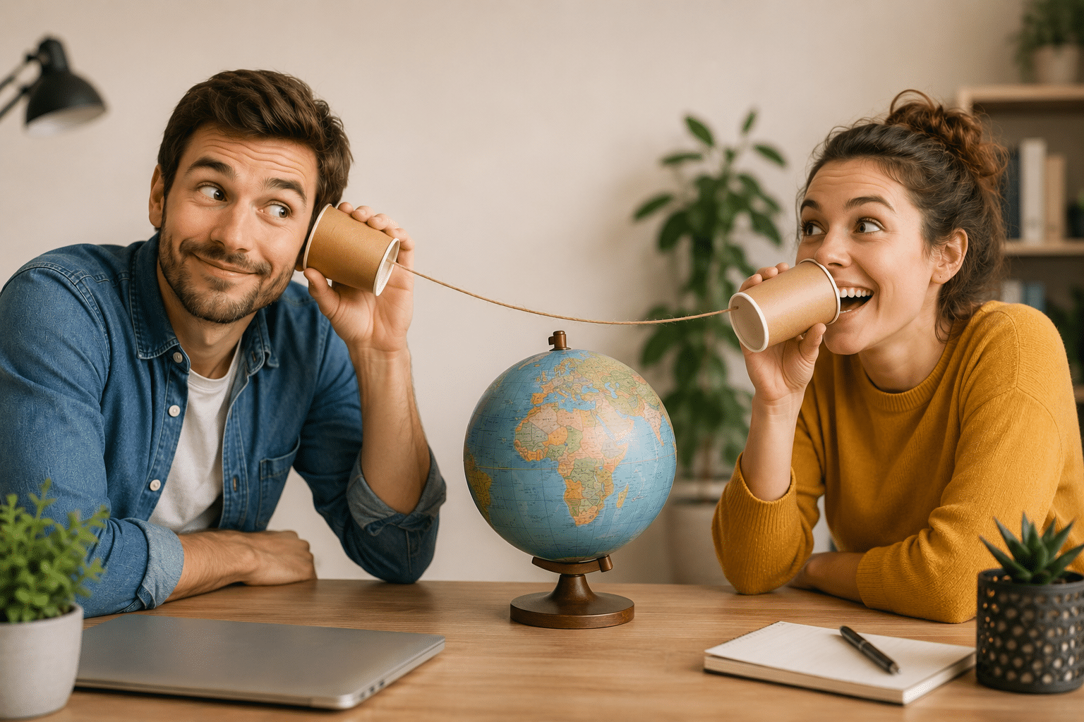 Techshoring en France : deux personnes communiquant avec un téléphone à ficelle autour d'un globe, illustration de la relation client relocalisée et des agents IA callbot